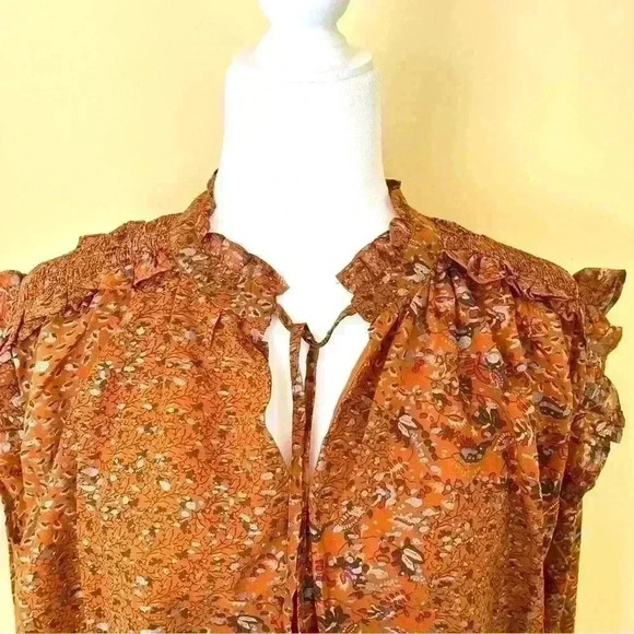 NWT Elan Orange Peasant Boho Tie Neck Long Sleeve Elastic Waist Crop Top Size M - Picture 3 of 13